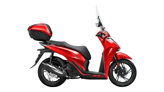 Buy a scooter – red motor scooter with top box and tall windscreen against a white background