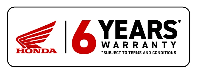 Honda 6 Years Warranty badge – factory warranty for Honda motorcycles, subject to terms and conditions