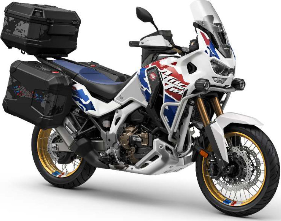 Honda Africa Twin Adventure Sports avec accessoires d’origine : top case 58 l, valises latérales en plastique, barres de protection avant et feux antibrouillard LED